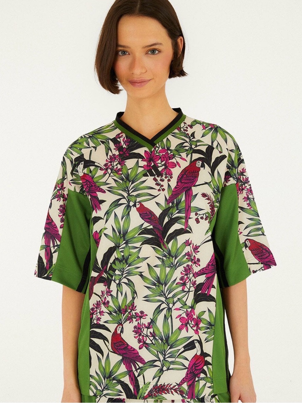 FARM Rio Green and Pink Parrot Print V-Neck Top